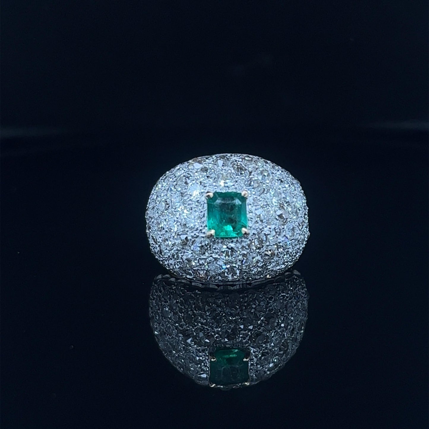 Art Deco Diamond & Colombian Emerald Dome Ring in Platinum & Gold
