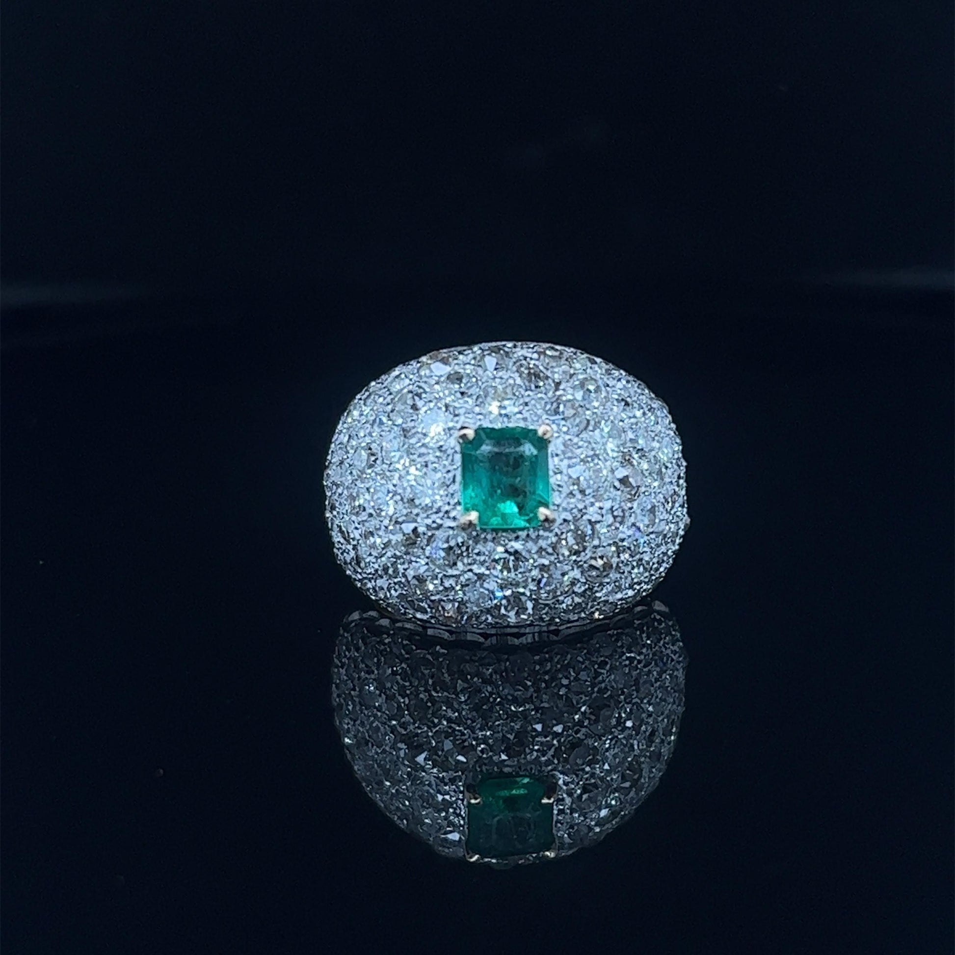 Art Deco Diamond & Colombian Emerald Dome Ring in Platinum & Gold