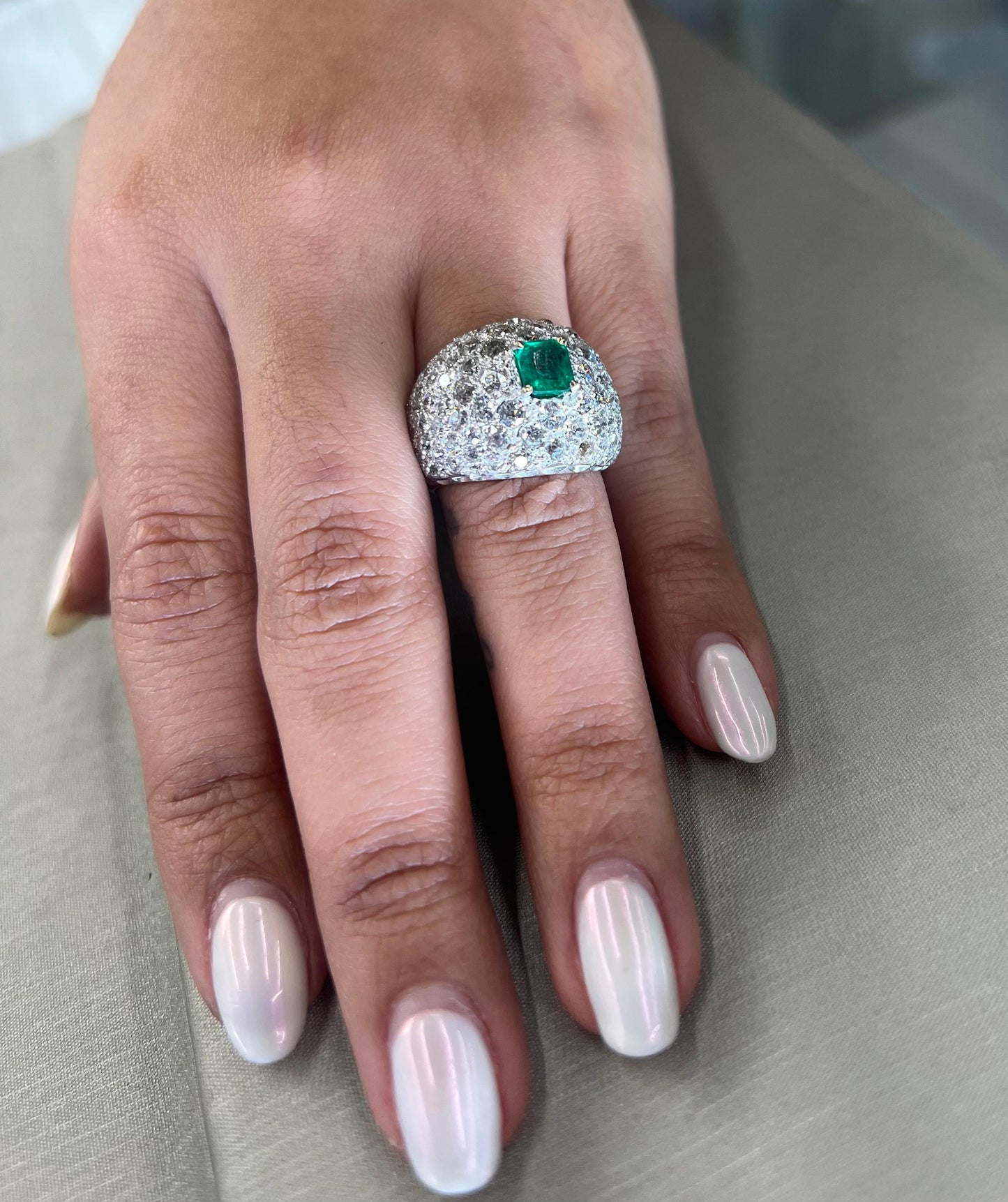 Art Deco Diamond & Colombian Emerald Dome Ring in Platinum & Gold