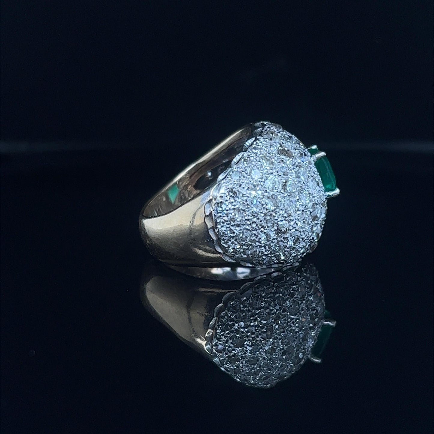 Art Deco Diamond & Colombian Emerald Dome Ring in Platinum & Gold
