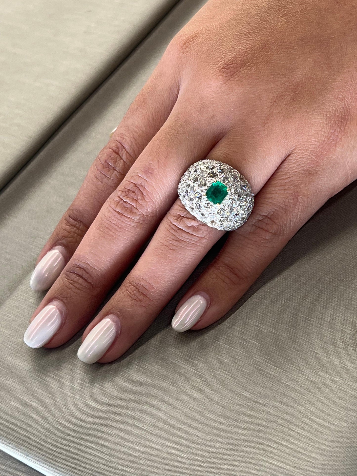 Art Deco Diamond & Colombian Emerald Dome Ring in Platinum & Gold