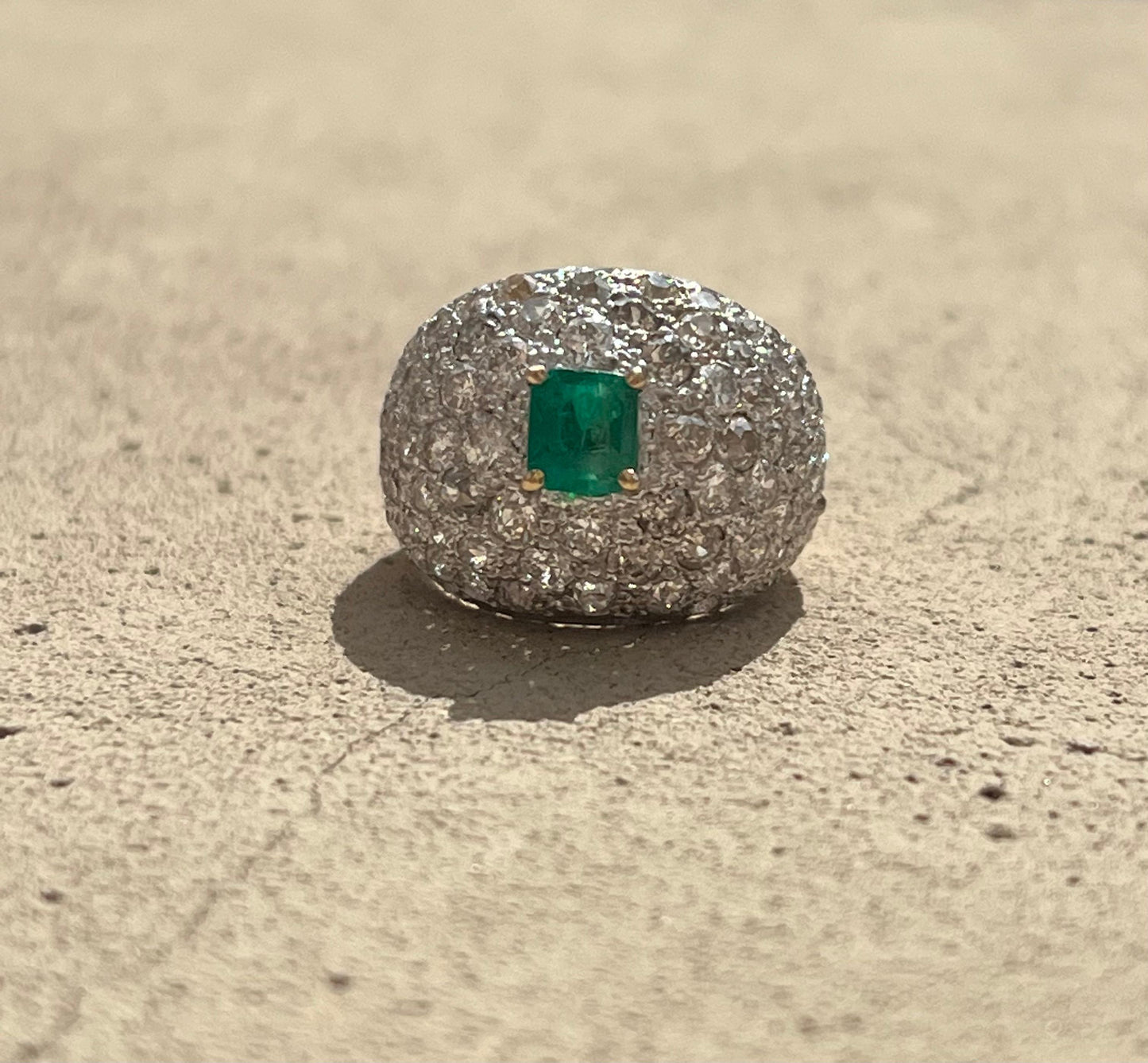 Art Deco Diamond & Colombian Emerald Dome Ring in Platinum & Gold