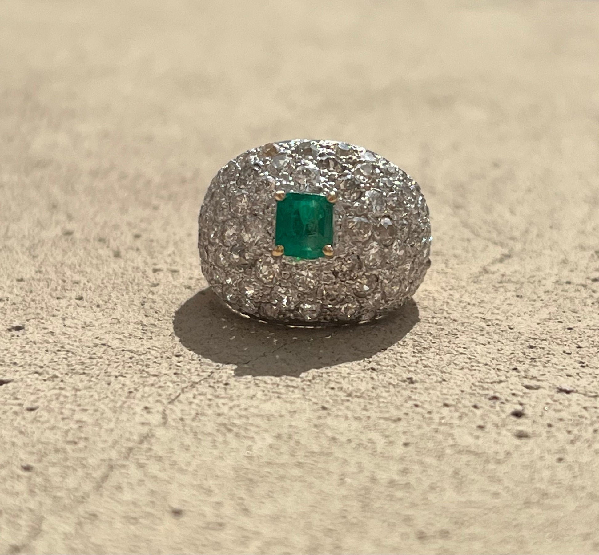 Art Deco Diamond & Colombian Emerald Dome Ring in Platinum & Gold
