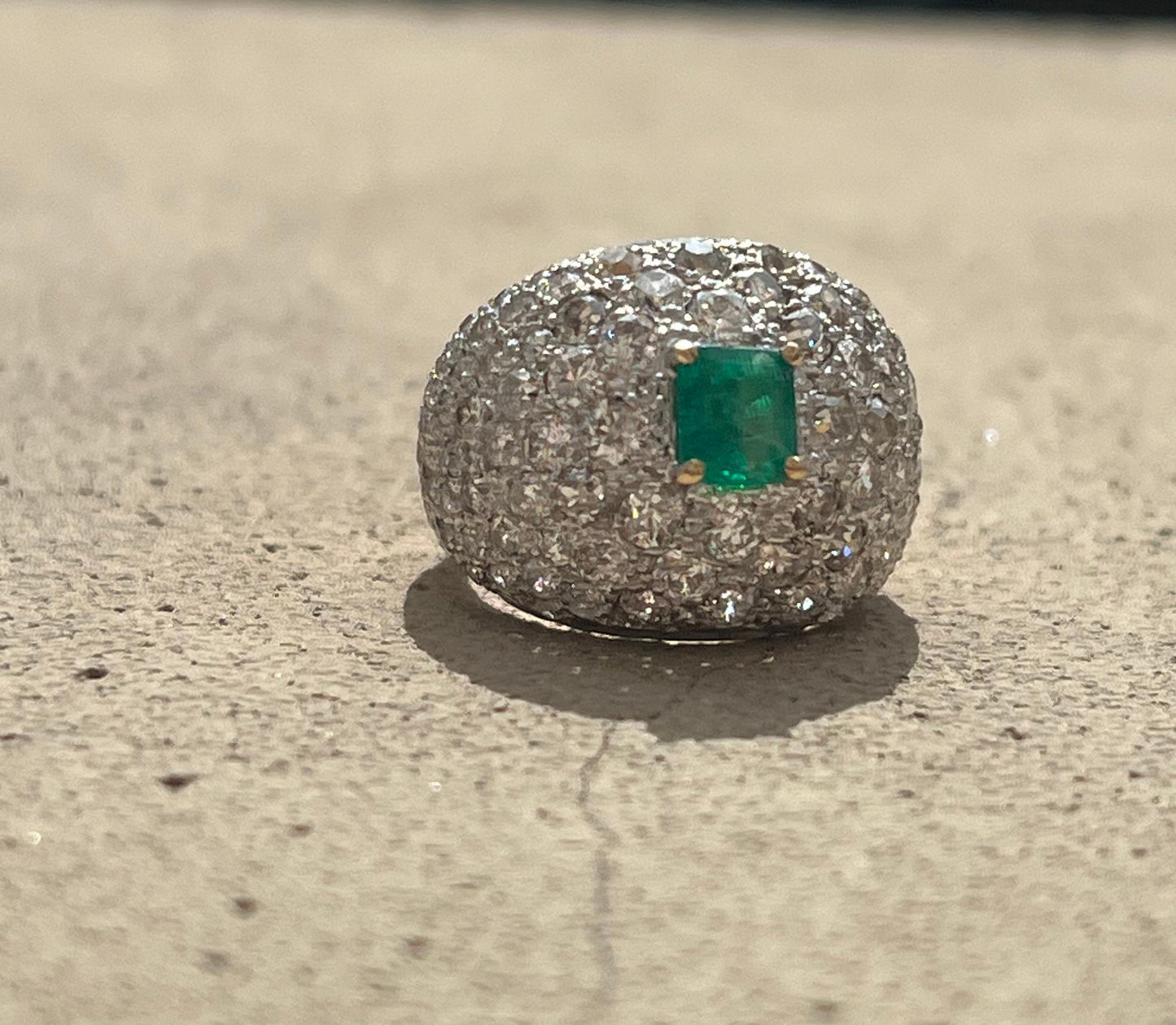 Art Deco Diamond & Colombian Emerald Dome Ring in Platinum & Gold