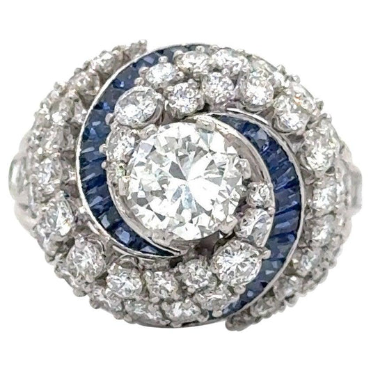 Art Deco Diamond & Sapphire Swirling Ballerina Ring Platinum 4.50 Carat