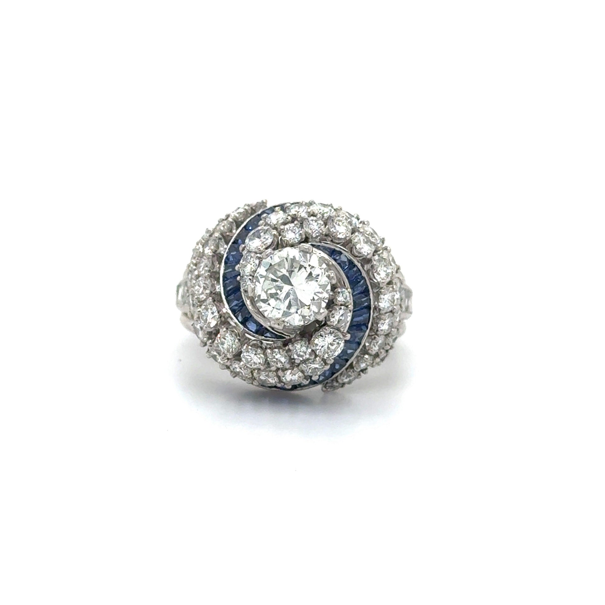 Art Deco Diamond & Sapphire Swirling Ballerina Ring Platinum 4.50 Carat