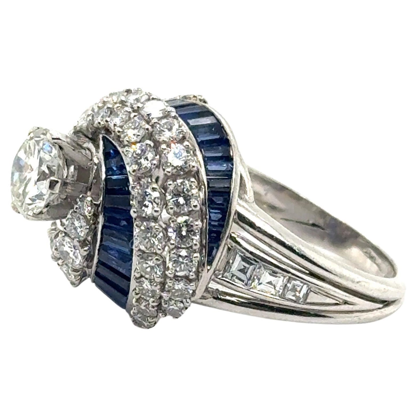 Art Deco Diamond & Sapphire Swirling Ballerina Ring Platinum 4.50 Carat