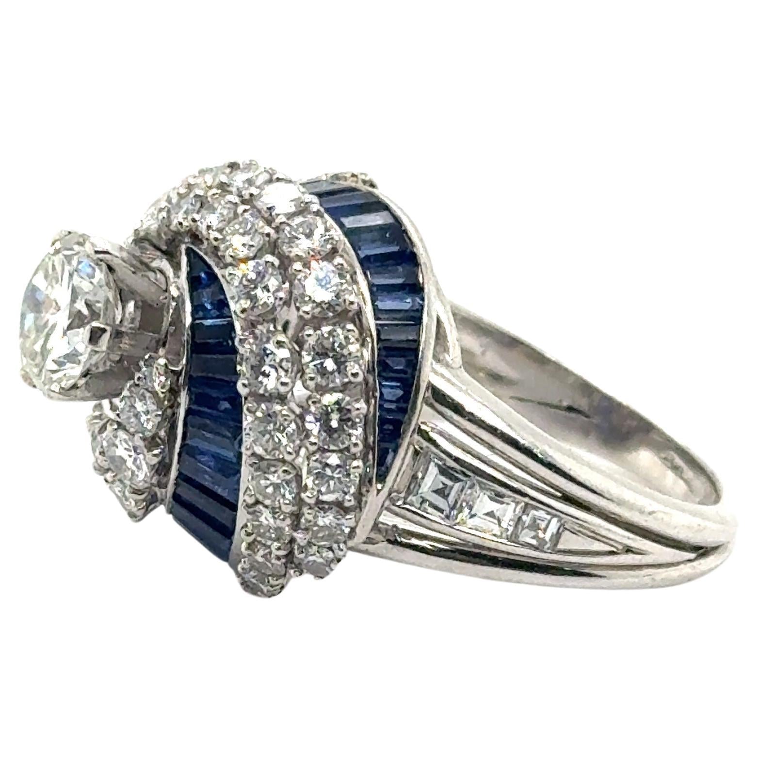Art Deco Diamond & Sapphire Swirling Ballerina Ring Platinum 4.50 Carat