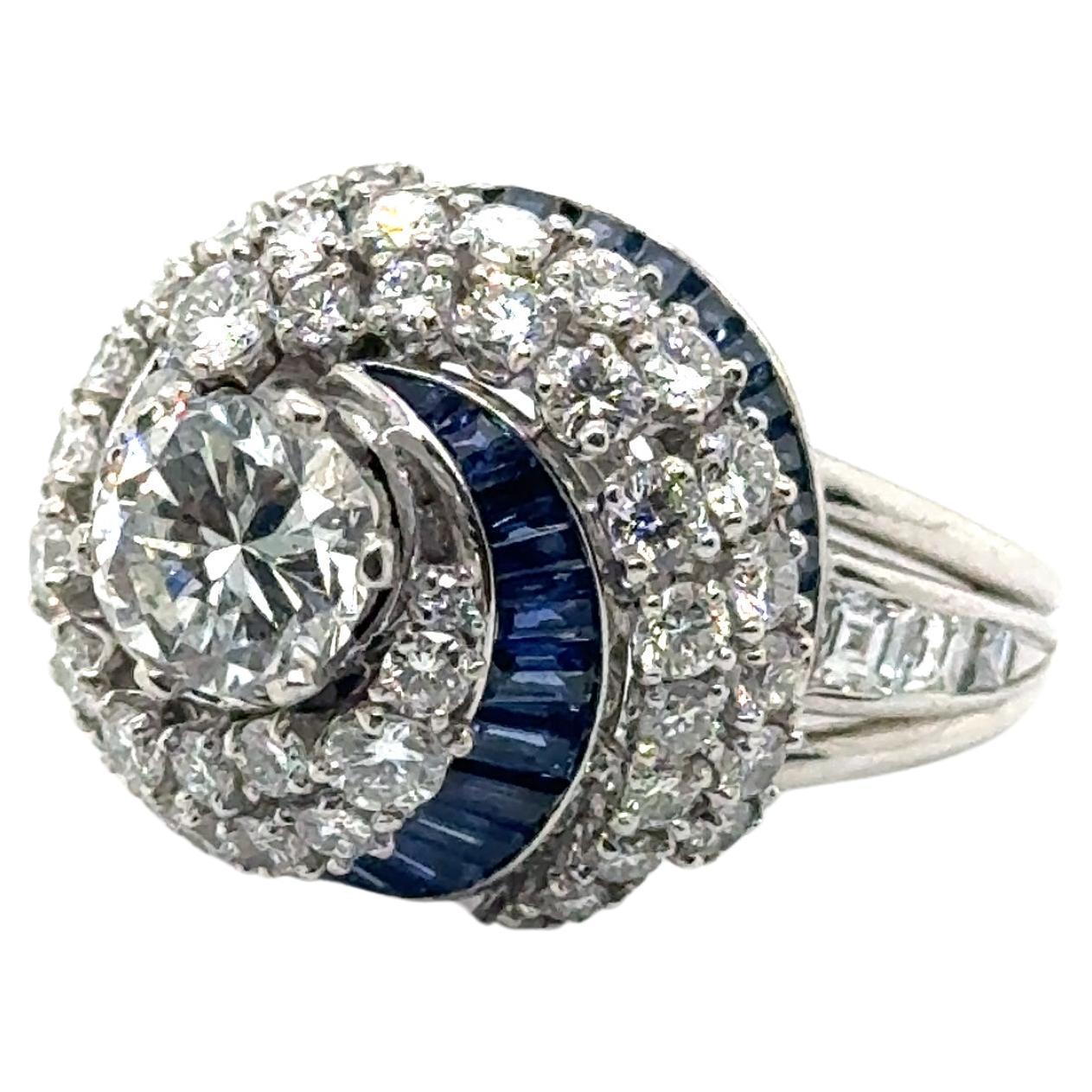 Art Deco Diamond & Sapphire Swirling Ballerina Ring Platinum 4.50 Carat