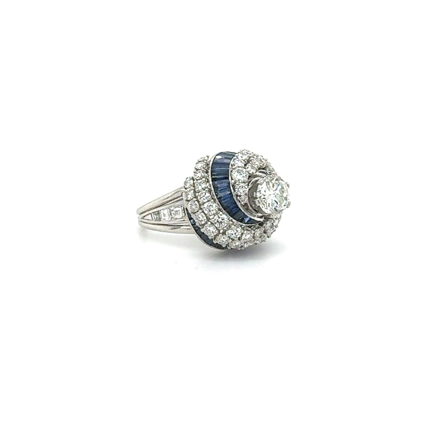 Art Deco Diamond & Sapphire Swirling Ballerina Ring Platinum 4.50 Carat