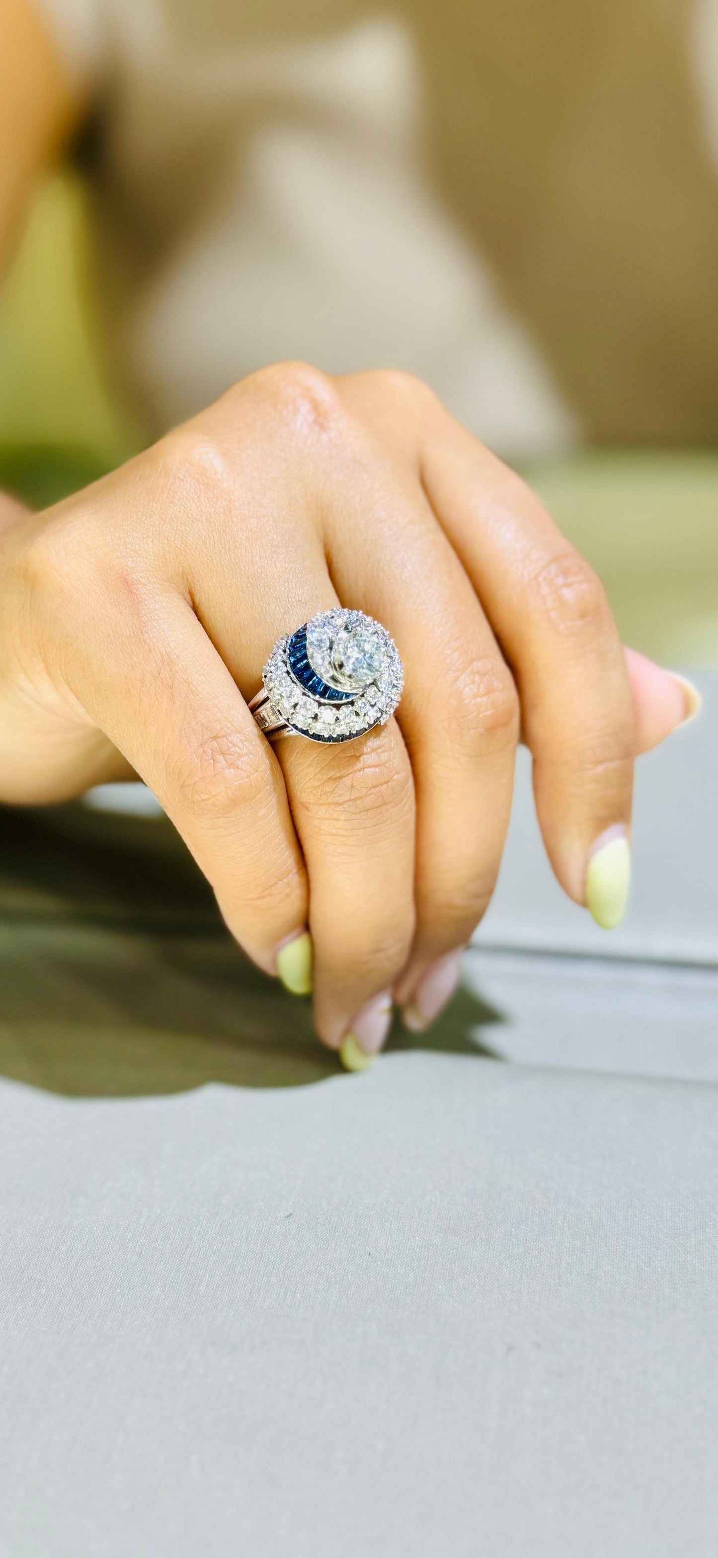 Art Deco Diamond & Sapphire Swirling Ballerina Ring Platinum 4.50 Carat
