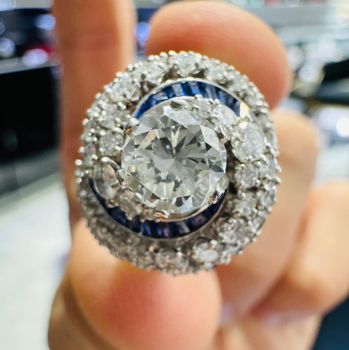 Art Deco Diamond & Sapphire Swirling Ballerina Ring Platinum 4.50 Carat