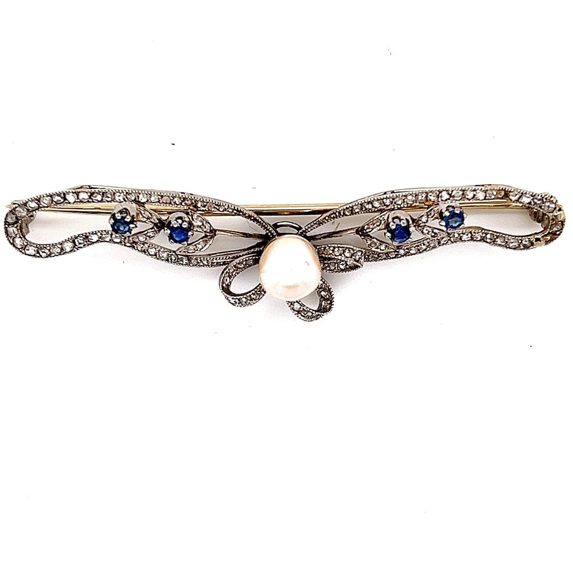 Belle Epoque Platinum Ribbon Brooch with Pearl Diamonds & Sapphires