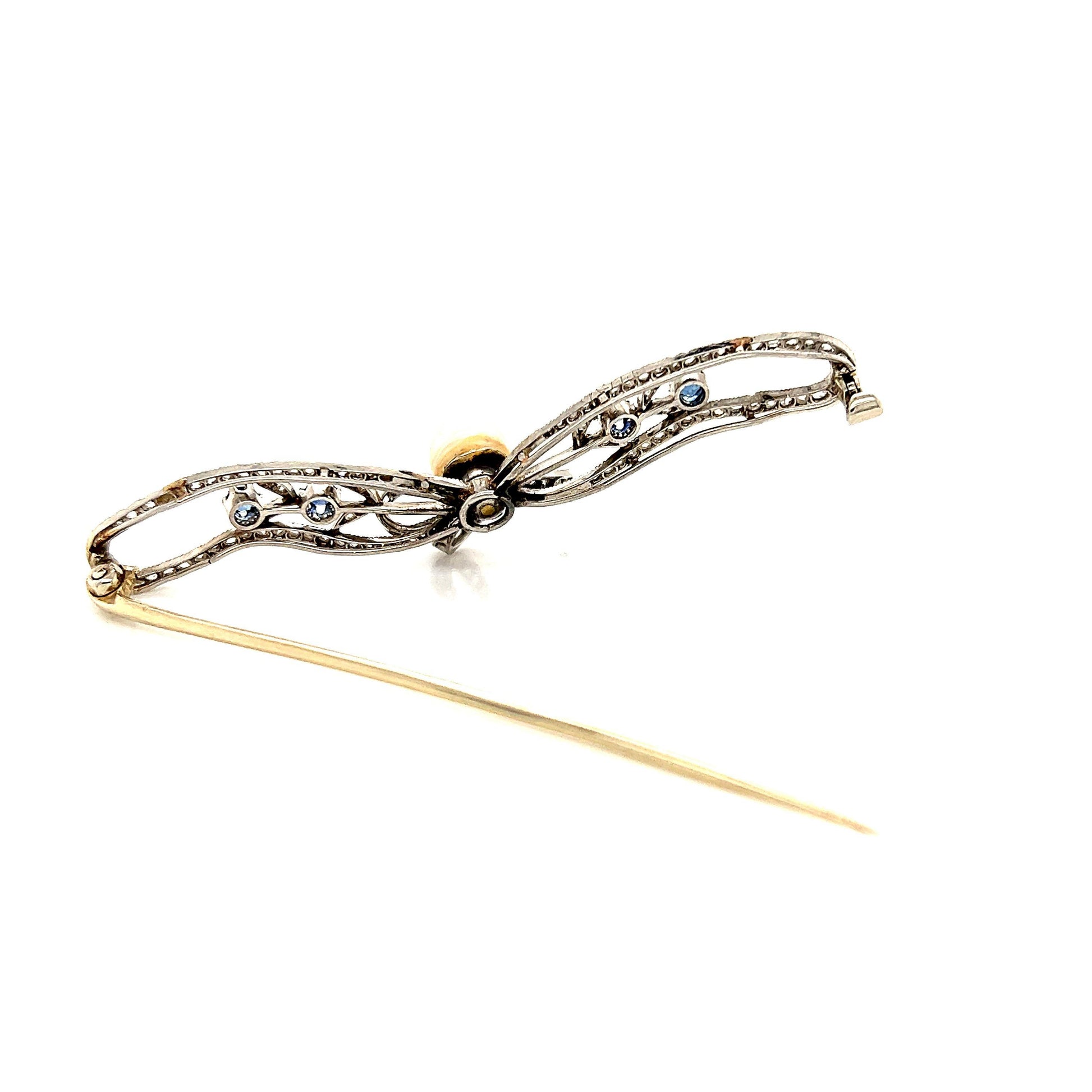 Belle Epoque Platinum Ribbon Brooch with Pearl Diamonds & Sapphires