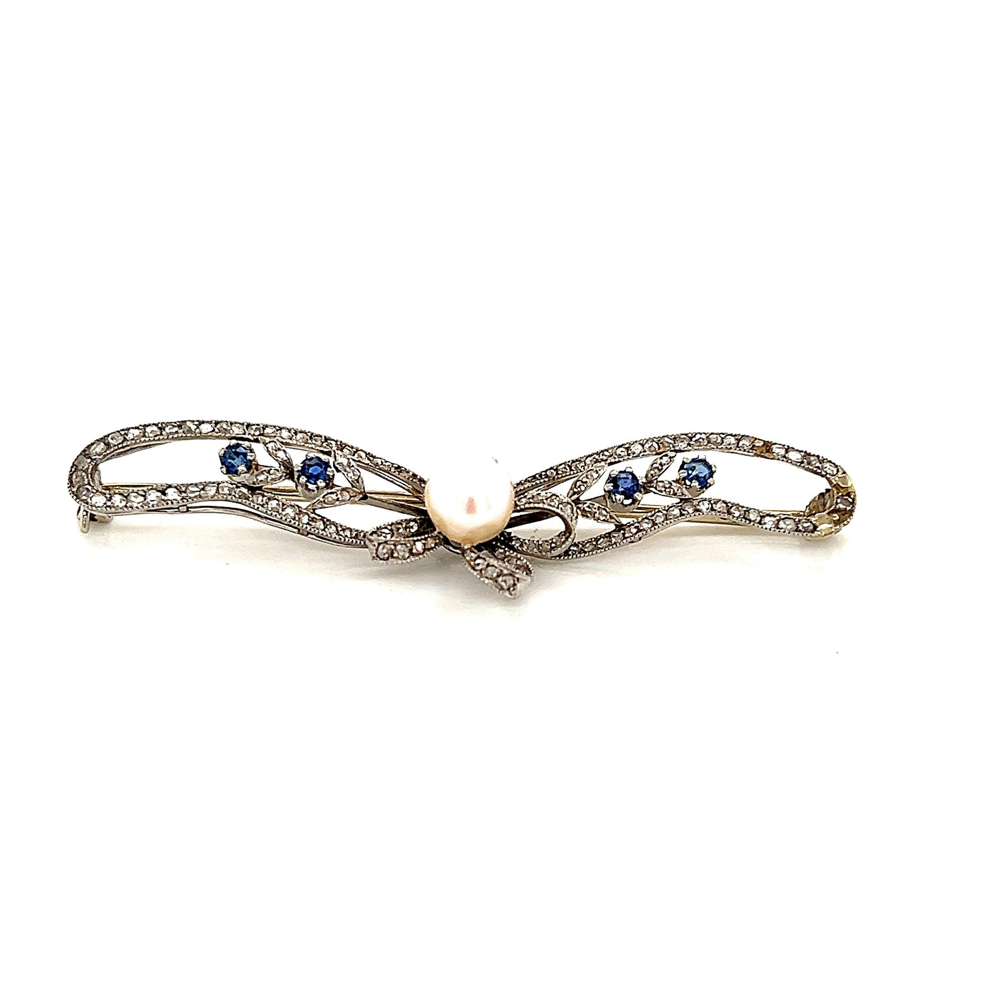 Belle Epoque Platinum Ribbon Brooch with Pearl Diamonds & Sapphires
