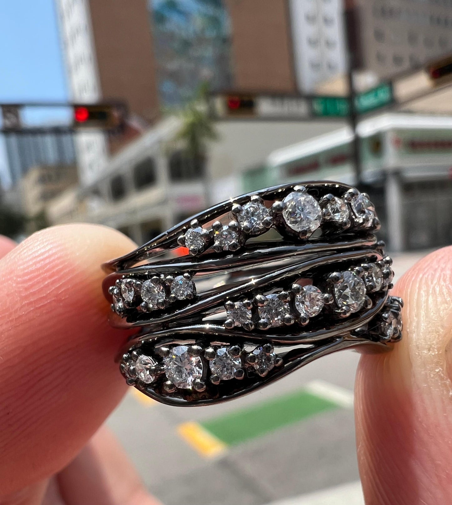 Black Rhodium Diamond Open Work Wave Design Ring 18k