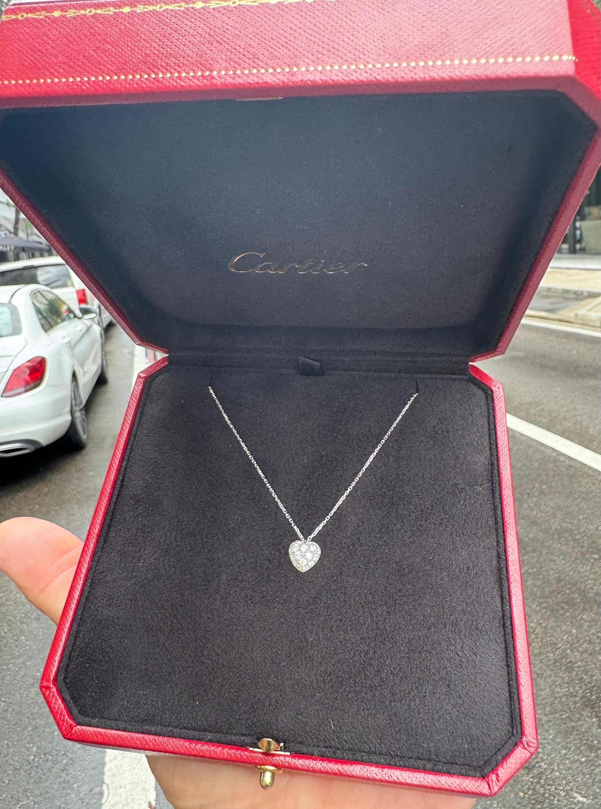 Cartier Heart Shaped Pendant Pave Diamond 18k White Gold Necklace