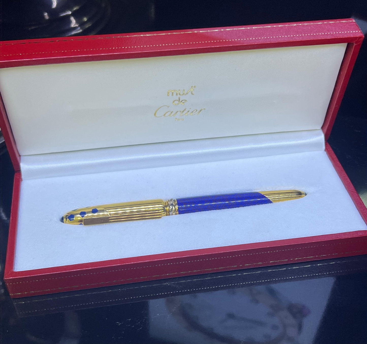 Cartier Panther Marble Blue Lacquer & Gold Plated Fountain Pen 1990 Box & Papers