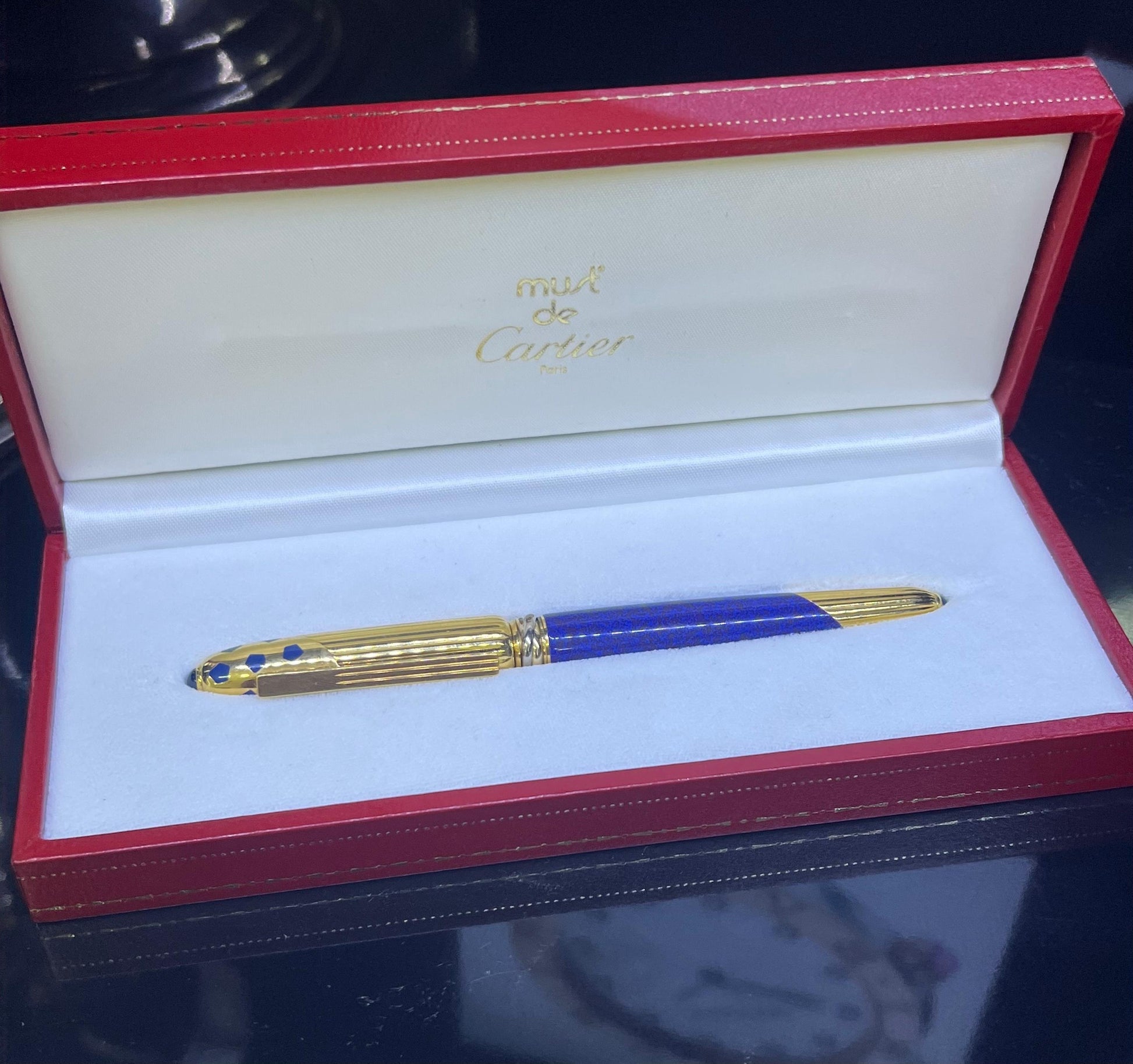 Cartier Panther Marble Blue Lacquer & Gold Plated Fountain Pen 1990 Box & Papers