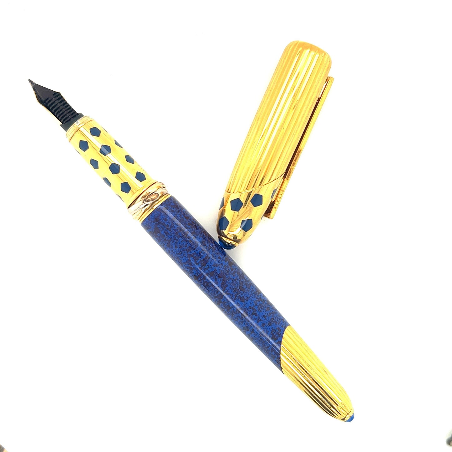 Cartier Panther Marble Blue Lacquer & Gold Plated Fountain Pen 1990 Box & Papers