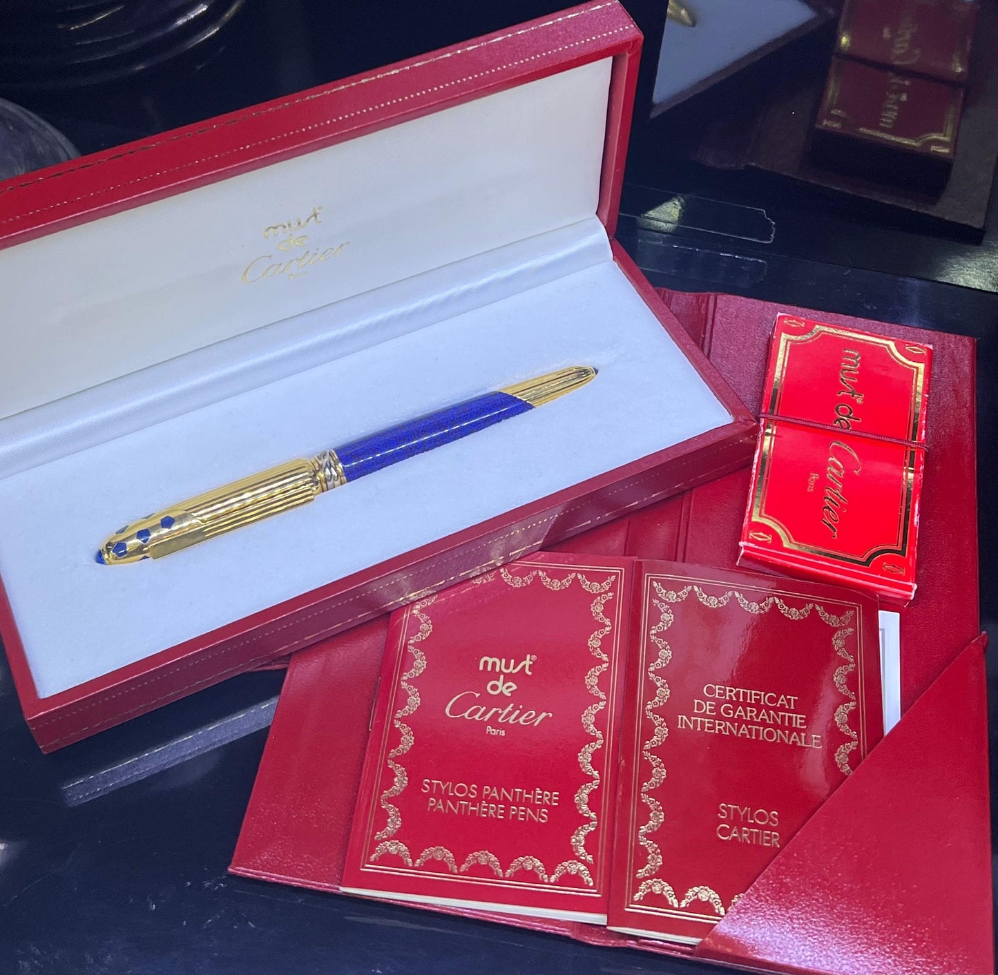 Cartier Panther Marble Blue Lacquer & Gold Plated Fountain Pen 1990 Box & Papers