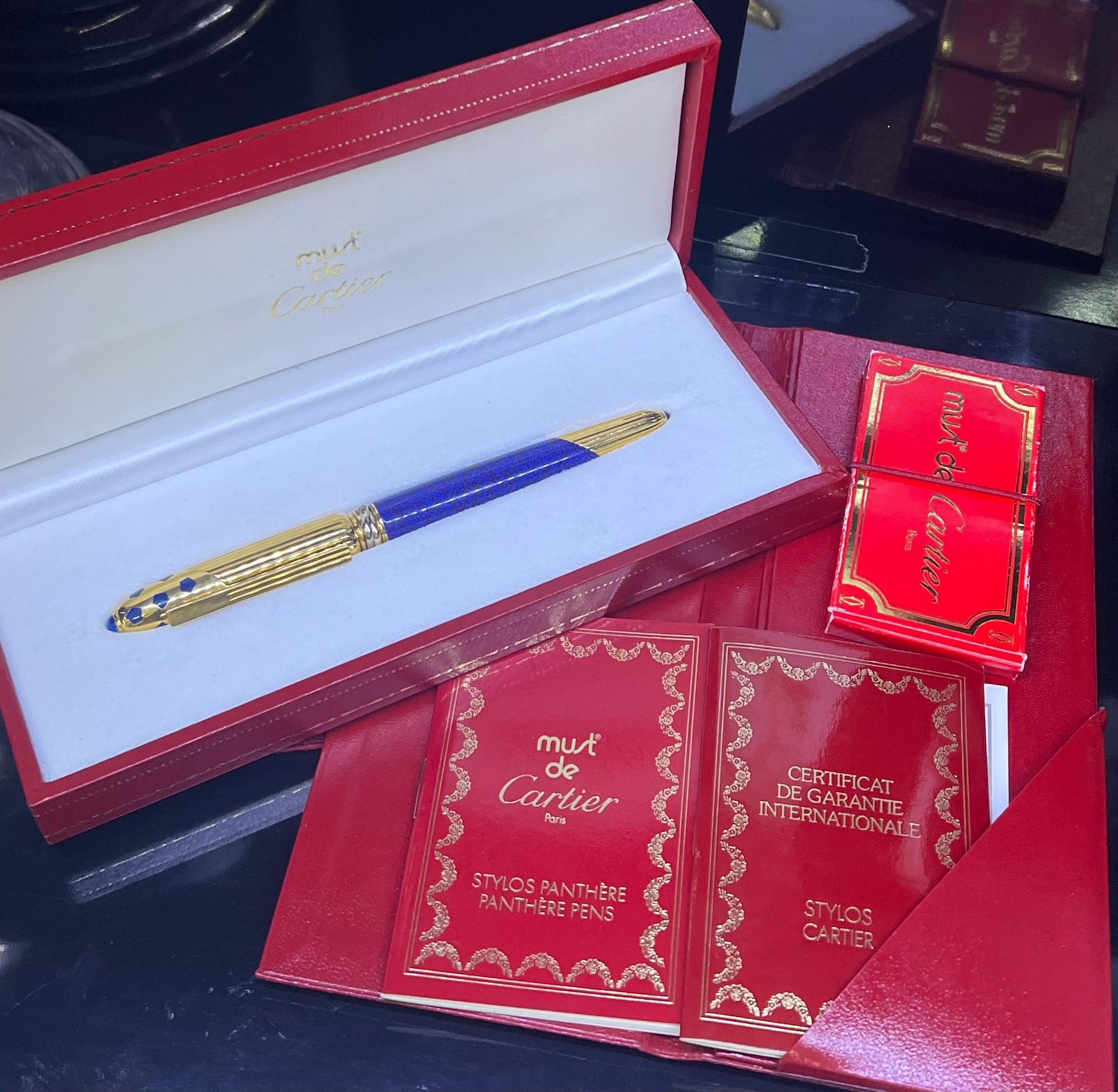 Cartier Panther Marble Blue Lacquer & Gold Plated Fountain Pen 1990 Box & Papers