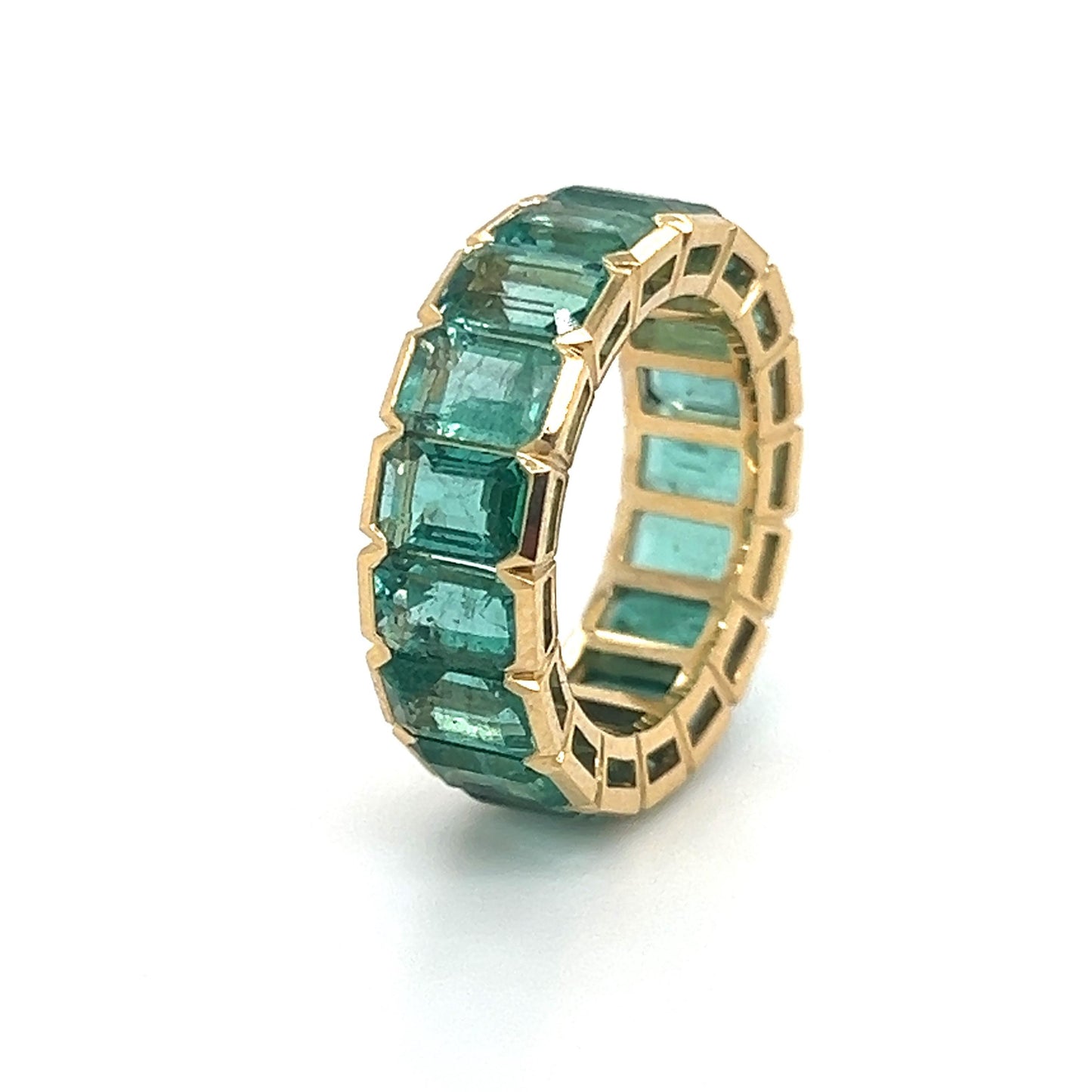 Colombian Emerald Gemstone 9.35 Carat Bezel Set Eternity Ring 18k Yellow Gold