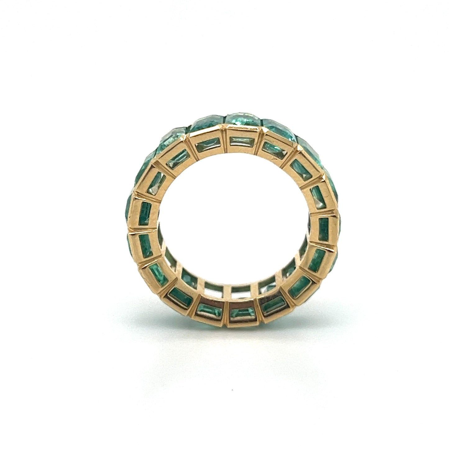 Colombian Emerald Gemstone 9.35 Carat Bezel Set Eternity Ring 18k Yellow Gold