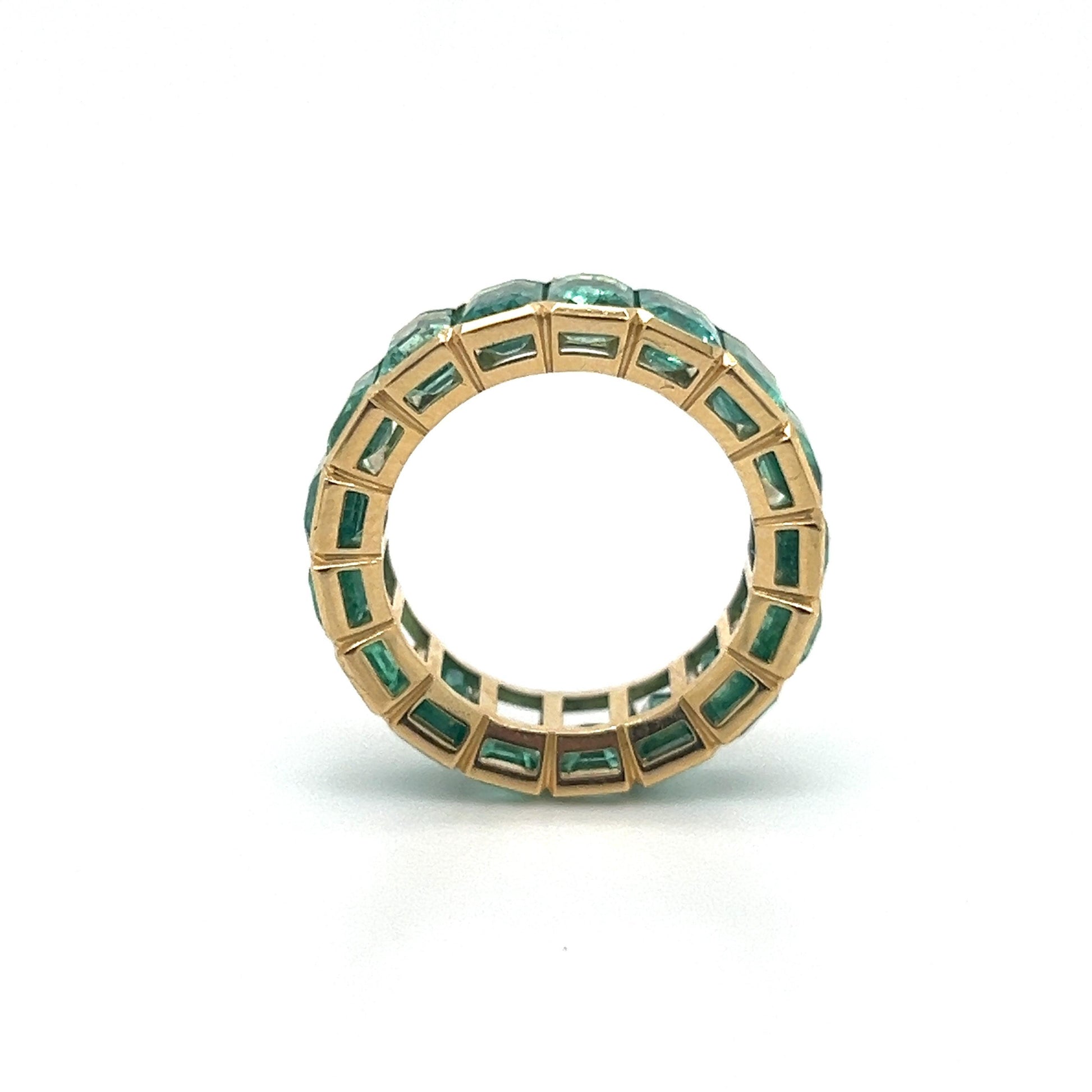 Colombian Emerald Gemstone 9.35 Carat Bezel Set Eternity Ring 18k Yellow Gold