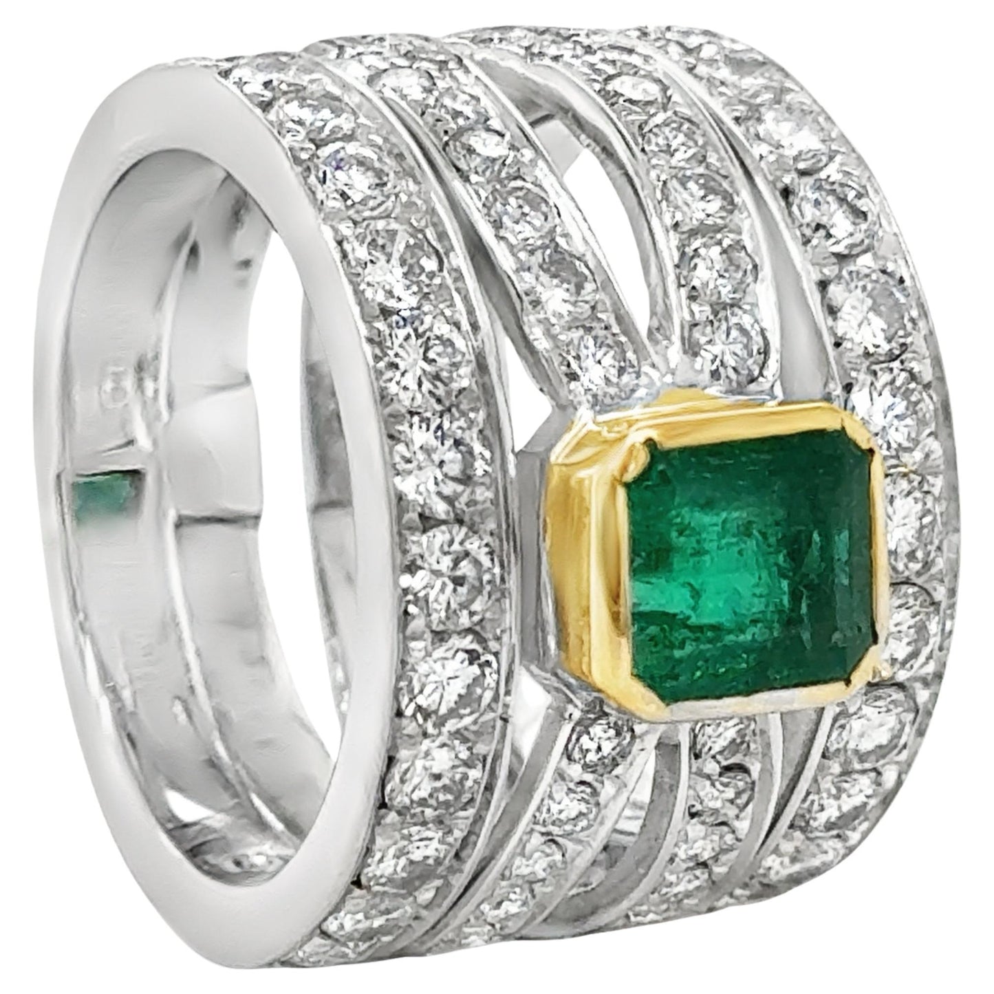 Contemporary Emerald & Diamond Open Worked Wide Band Cocktail Ring 18k
