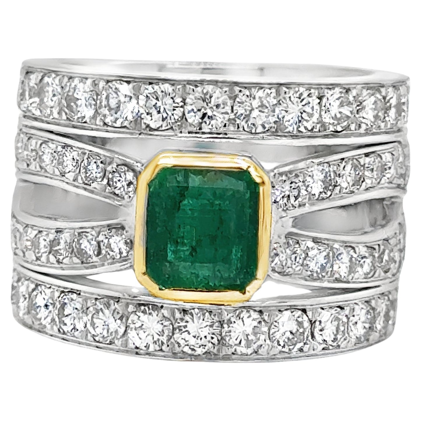Contemporary Emerald & Diamond Open Worked Wide Band Cocktail Ring 18k