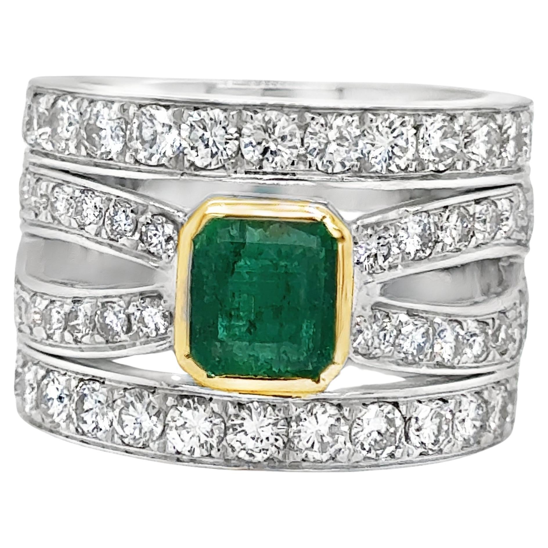 Contemporary Emerald & Diamond Open Worked Wide Band Cocktail Ring 18k