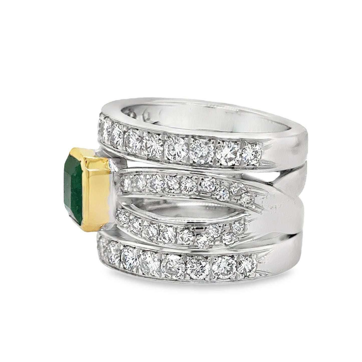 Contemporary Emerald & Diamond Open Worked Wide Band Cocktail Ring 18k