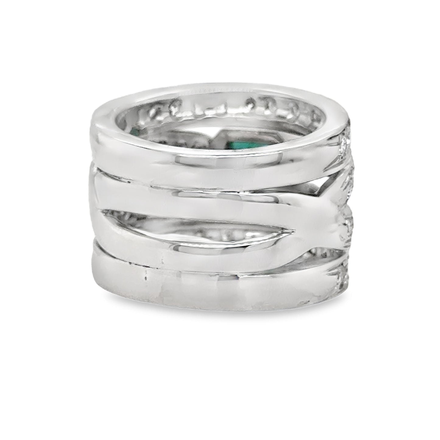 Contemporary Emerald & Diamond Open Worked Wide Band Cocktail Ring 18k