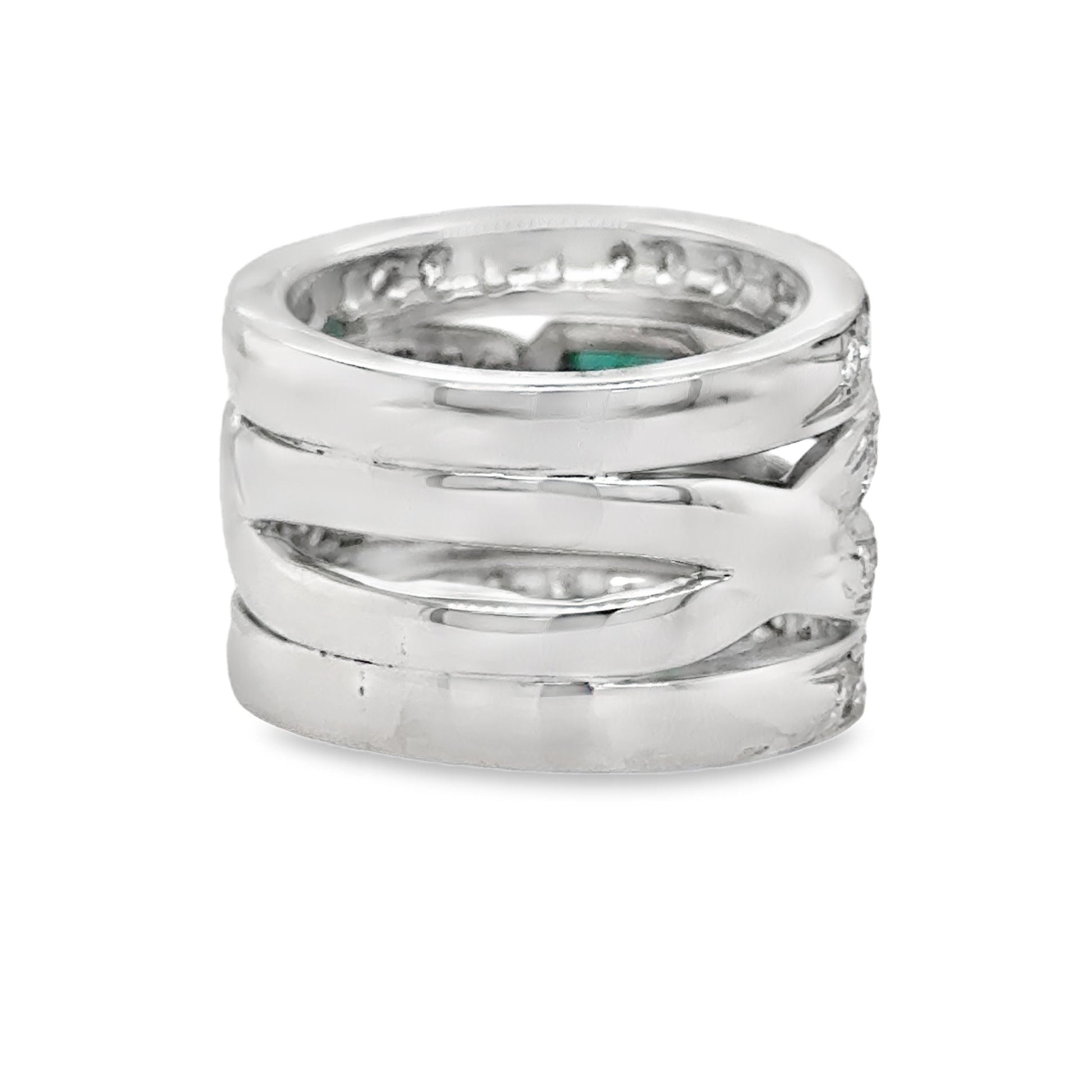 Contemporary Emerald & Diamond Open Worked Wide Band Cocktail Ring 18k