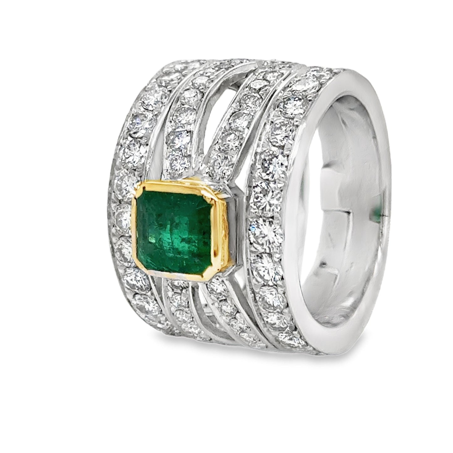 Contemporary Emerald & Diamond Open Worked Wide Band Cocktail Ring 18k