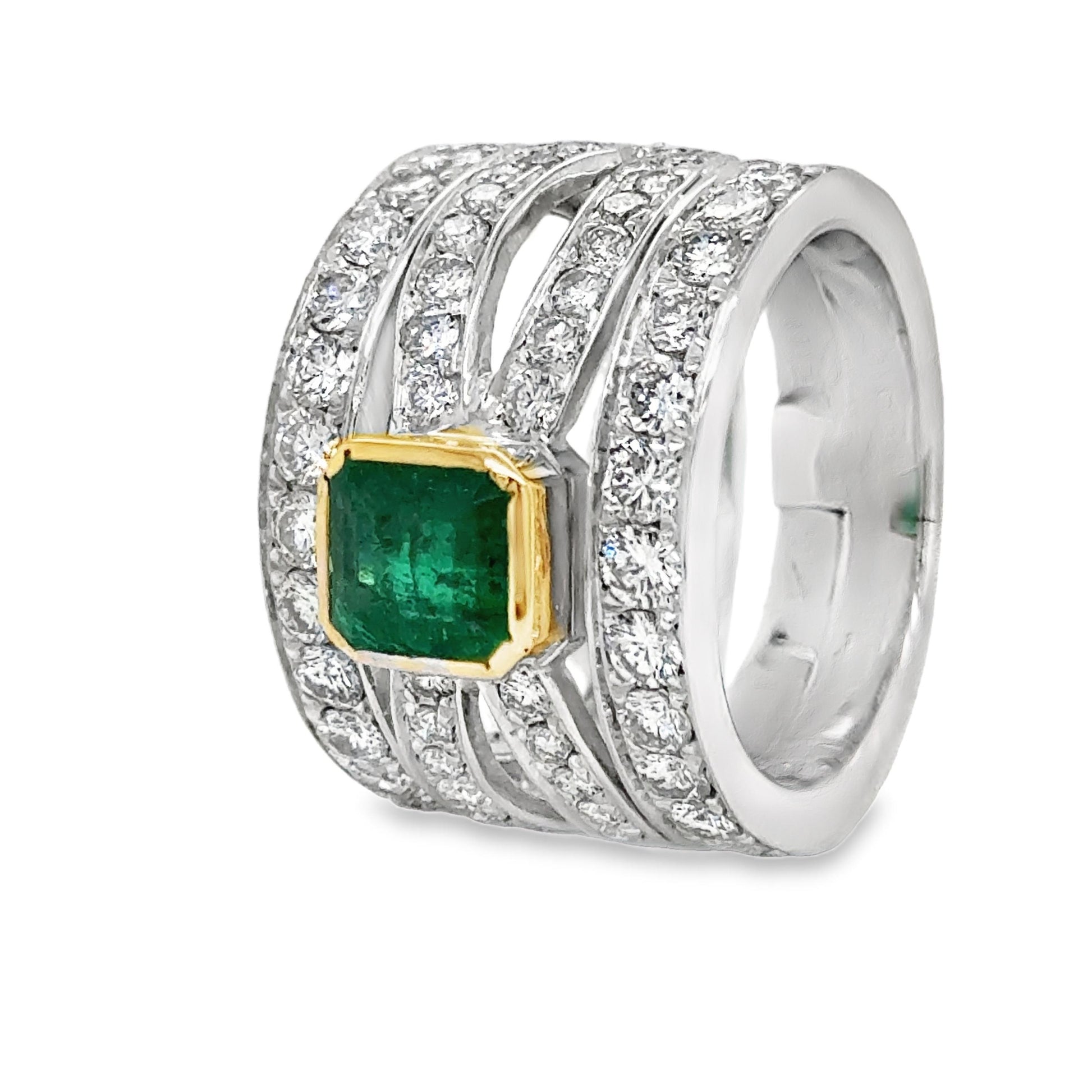 Contemporary Emerald & Diamond Open Worked Wide Band Cocktail Ring 18k