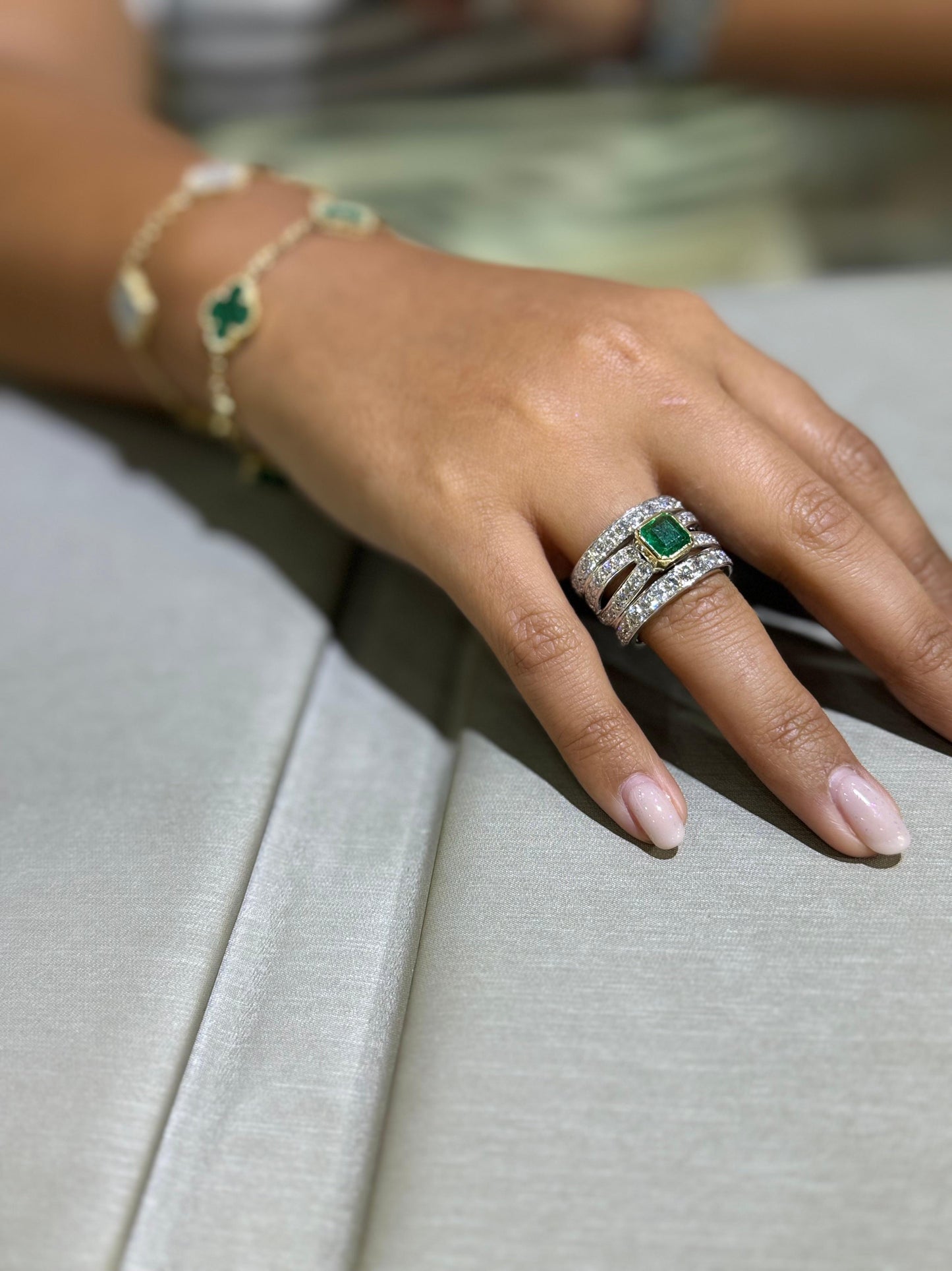 Contemporary Emerald & Diamond Open Worked Wide Band Cocktail Ring 18k