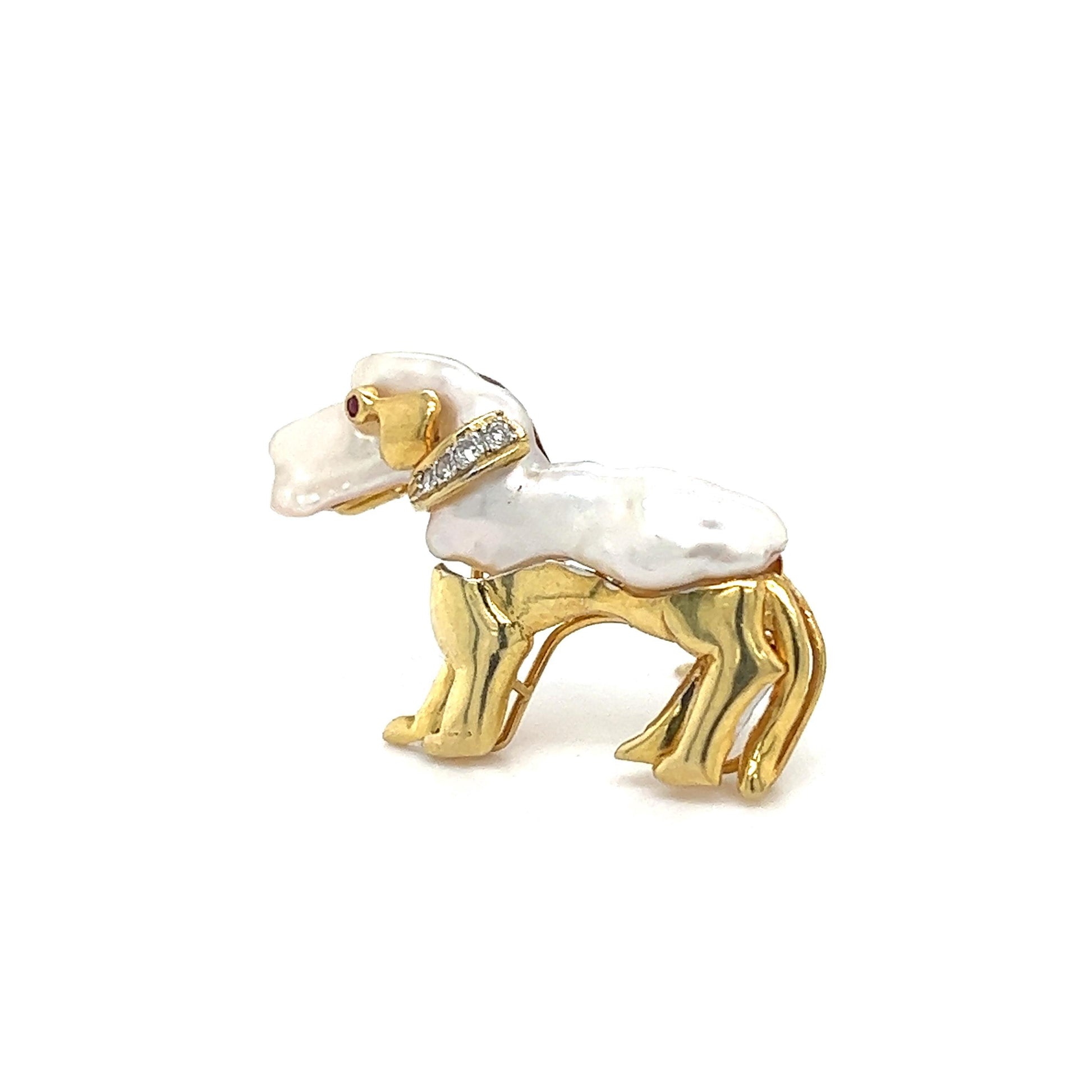 Diamond Ruby & Pearl Dachshund Dog Brooch Pendant 14k Yellow Gold