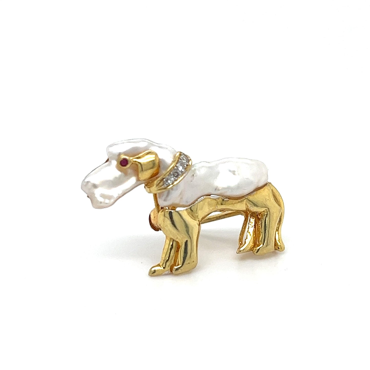 Diamond Ruby & Pearl Dachshund Dog Brooch Pendant 14k Yellow Gold