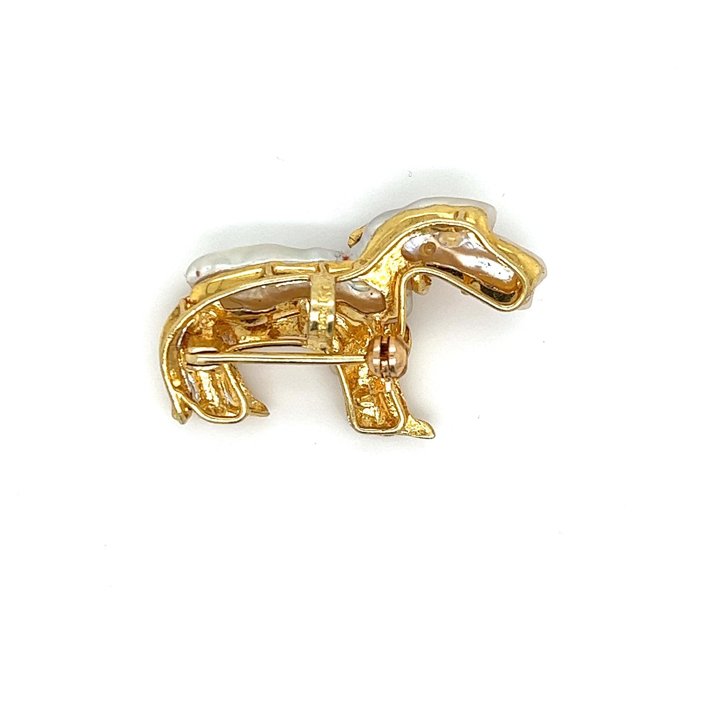 Diamond Ruby & Pearl Dachshund Dog Brooch Pendant 14k Yellow Gold