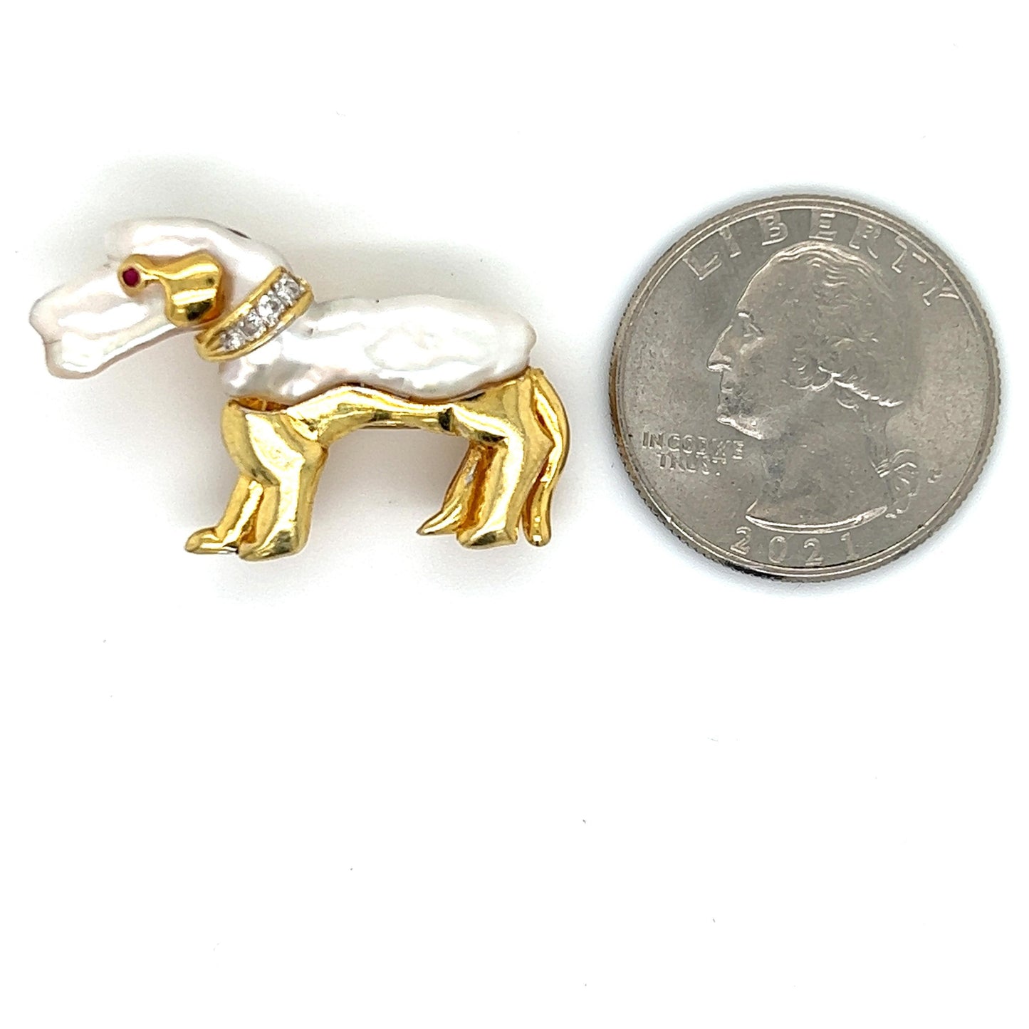 Diamond Ruby & Pearl Dachshund Dog Brooch Pendant 14k Yellow Gold