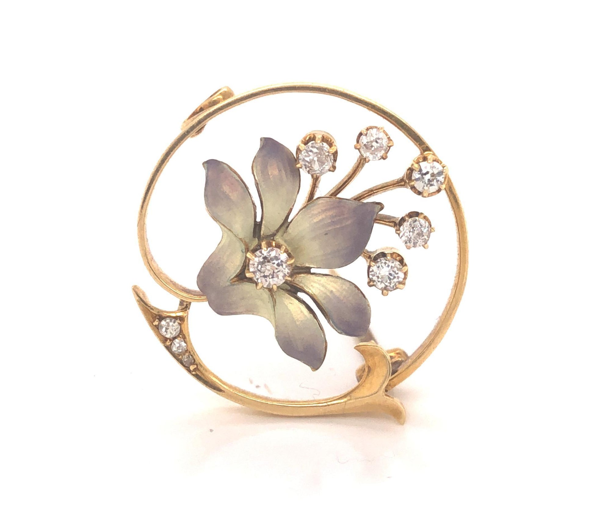 Edwardian Enamel Orchid Diamond Floral Brooch Yellow Gold