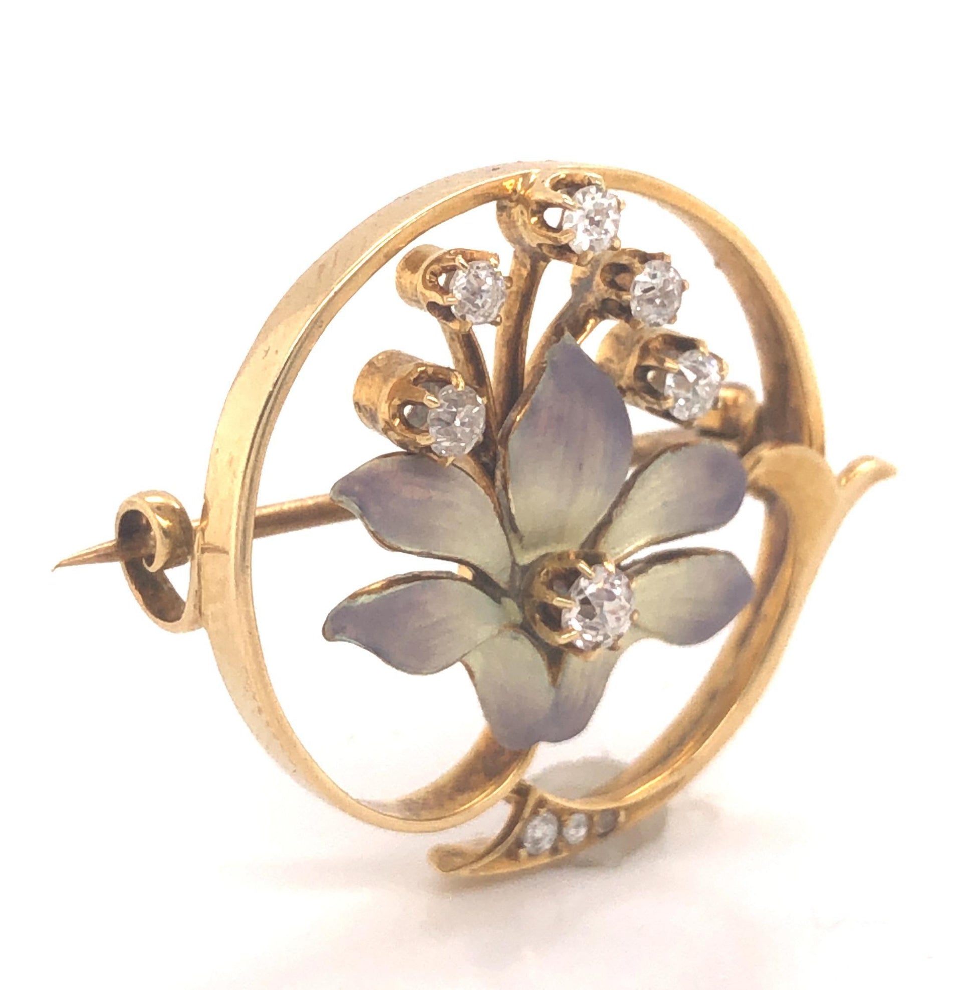 Edwardian Enamel Orchid Diamond Floral Brooch Yellow Gold