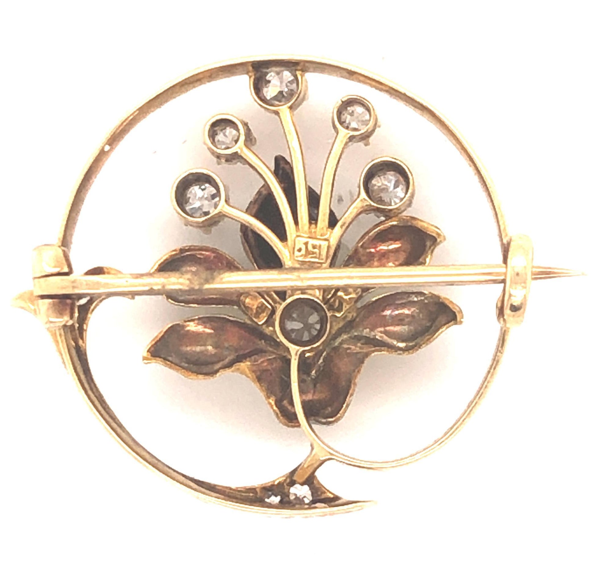 Edwardian Enamel Orchid Diamond Floral Brooch Yellow Gold