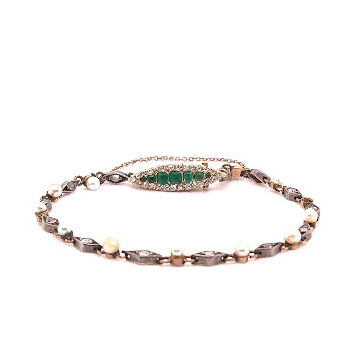 Edwardian Era Emerald Gemstone Navette Bracelet with Diamonds & Pearls