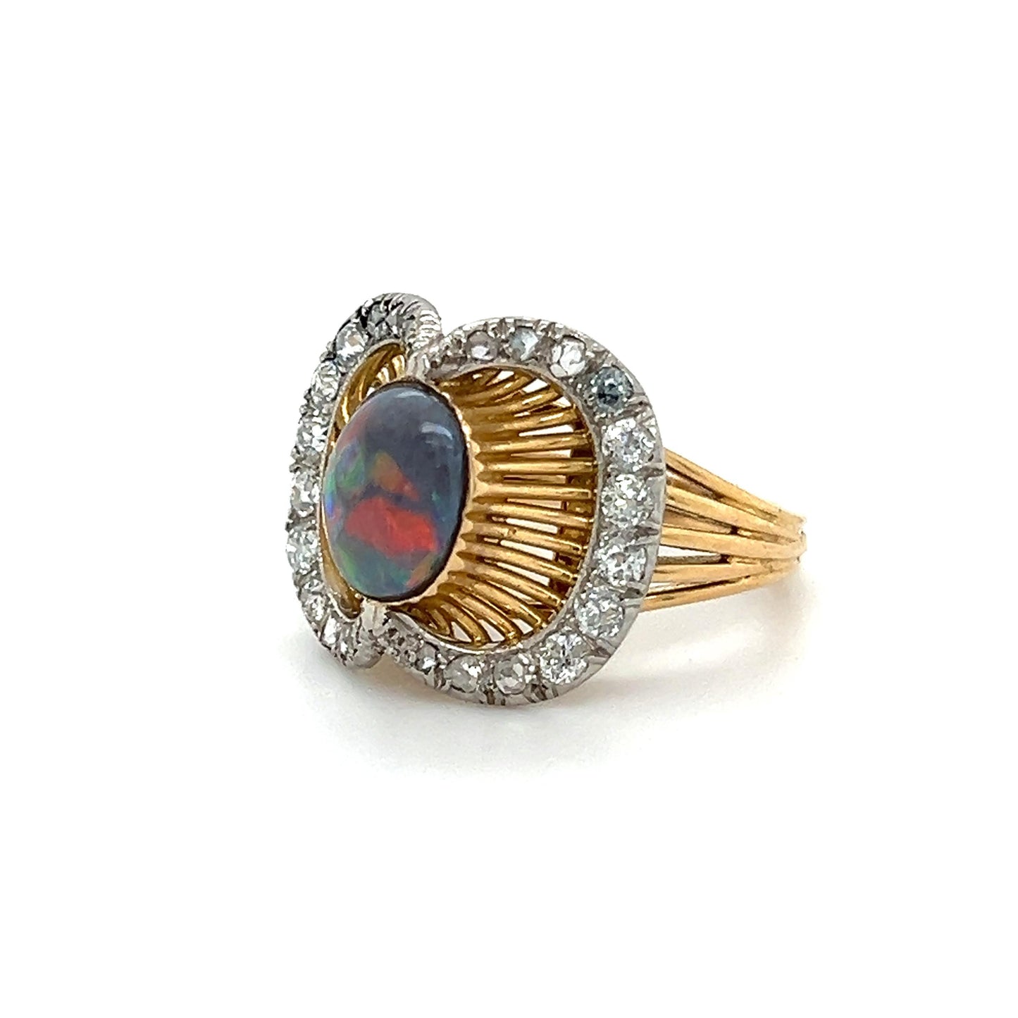 Edwardian French Black Opal & Diamond 18k Yellow Gold & Platinum Ring
