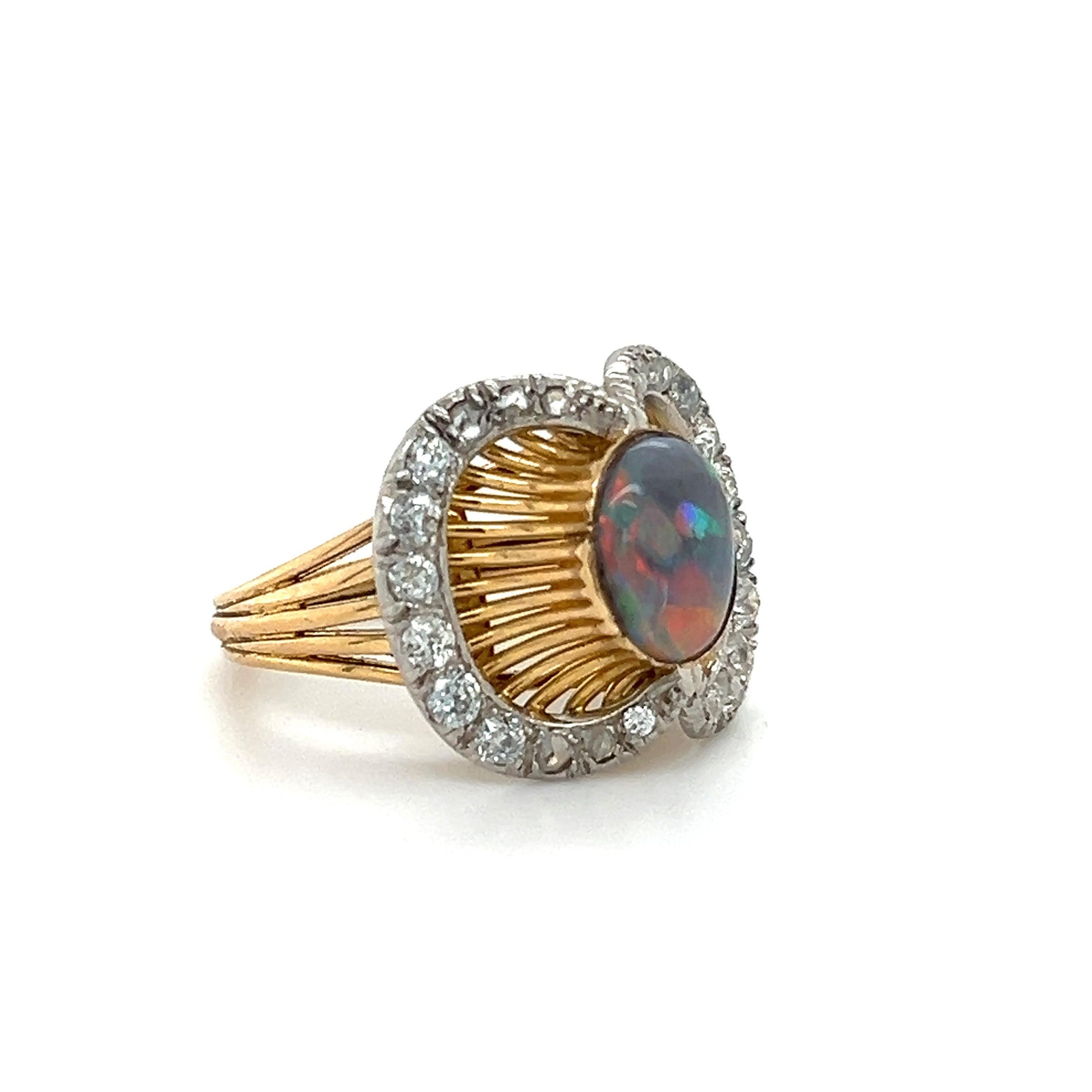 Edwardian French Black Opal & Diamond 18k Yellow Gold & Platinum Ring