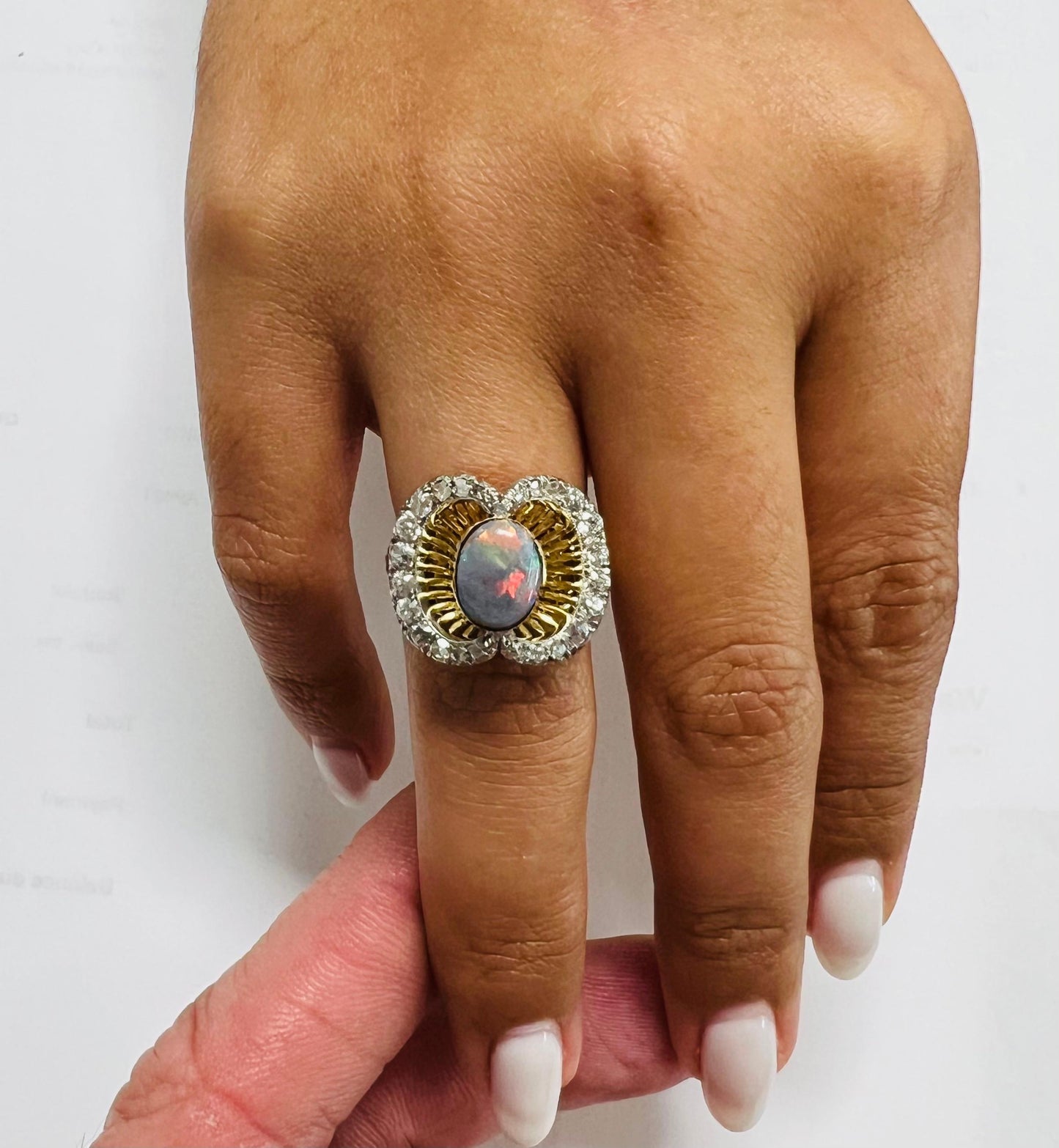 Edwardian French Black Opal & Diamond 18k Yellow Gold & Platinum Ring