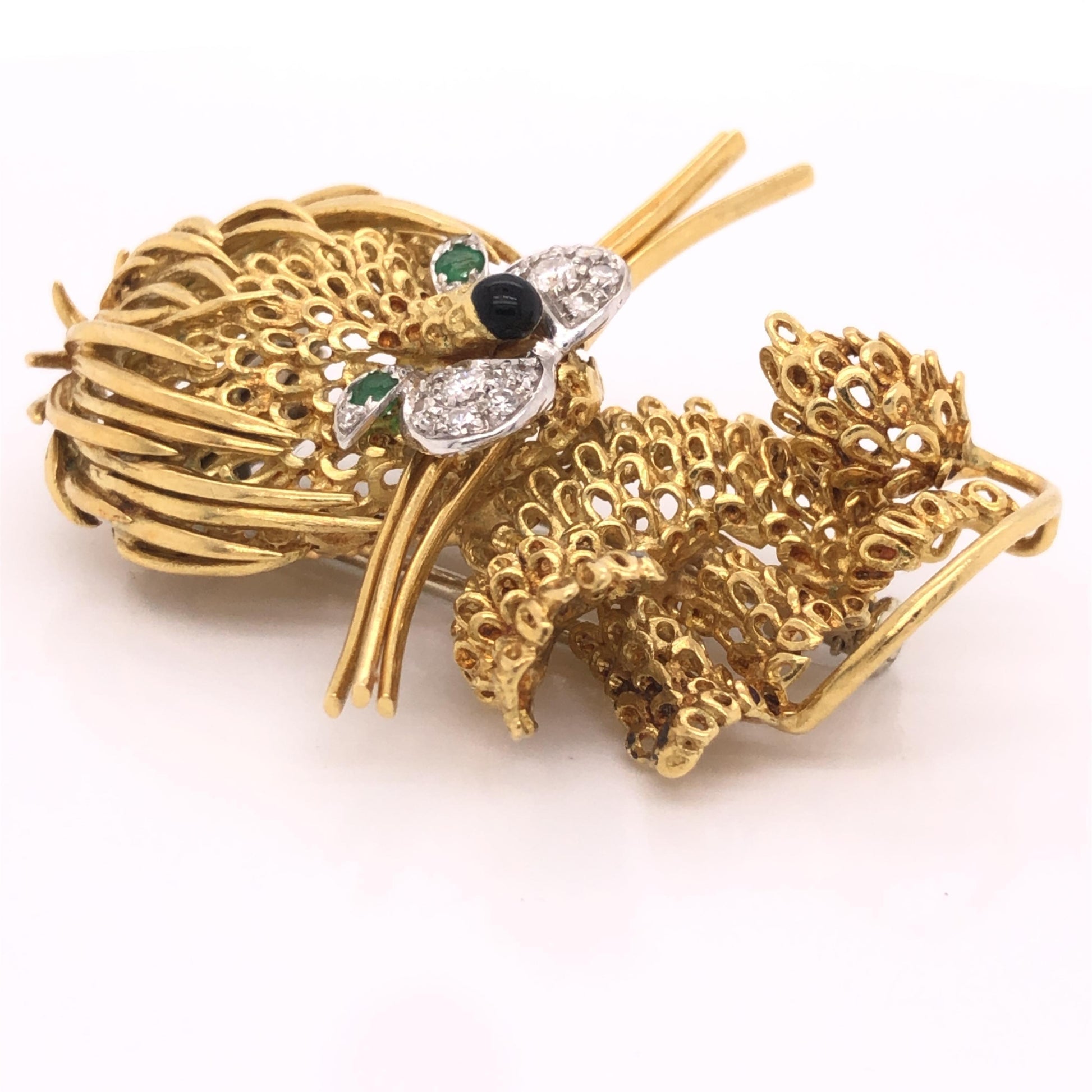 Emerald Diamond & Enamel Lion Ébouriffe Brooch 18k Yellow Gold